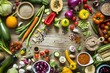 A vibrant top view of a variety of fresh vegetables and fruits spread out on a rustic wooden surface 