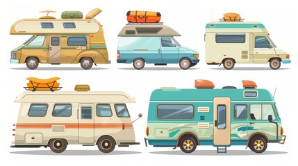 Wall Mural - The image shows a camper van with luggage on top and an open door for a family vacation. There is a modern illustration of camping car and motorhome for a summer vacation. There is also a vintage rv