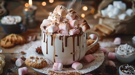 Canvas Print - Cozy winter treat: a warm mug of hot chocolate topped with marshmallows. comfort food photography in a homey setting. AI