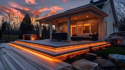 Wall Mural - Modern home exterior at dusk with illuminated deck lights and a colorful sunset sky 