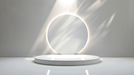 Wall Mural - On a white light circle background, a round podium in a futuristic design studio surrounded by a shiny halo illumination effect.