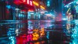 An artistic composition of neon lights and reflections in a rainy urban environment