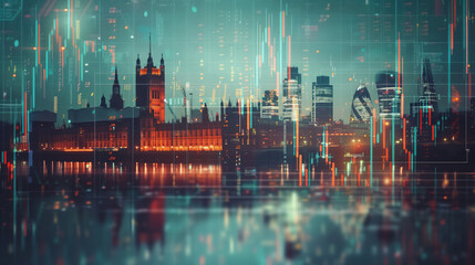 Poster - London business skyline with stock exchange trading chart double exposure, British UK English trading stock market digital concept