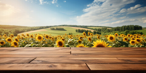 Wall Mural - Empty wooden table for product demonstration and presentation on the background of field with sunflowers. Banner