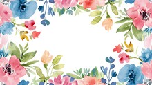 Watercolor Botanical Border With A Mix Of Blue And Pink Flowers On A White Background, Copy Space