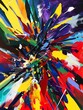 A vibrant and dynamic abstract acrylic painting with a burst of multicolored splashes and strokes that convey energy and movement 