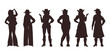 Silhouettes set of cowgirls or western horsewomen, flat vector isolated.
