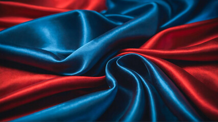 Blue and red silk satin fabric background. Highly detailed and wavy two-tone fabric texture. AI-Generated