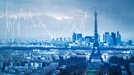 Poster - Paris business skyline with stock exchange trading chart double exposure, France with Eiffel tower trading stock market digital concept