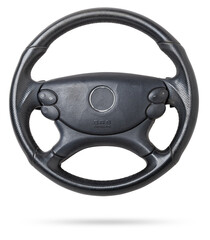 Poster - Steering wheel for car and truck isolated on white background. Automobile vehicle part or equipment. Round modern style consist of black leather and aluminum. For driver to driving control and tuning.