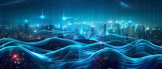 Poster - Technology concept for smart cities and big data connections with digital blue wavy wires and antennas on night skyline background, double exposure