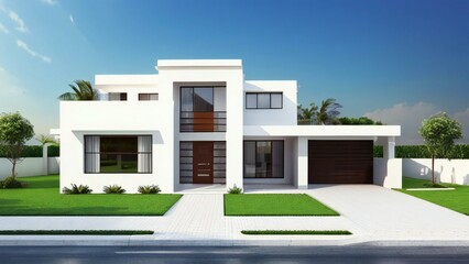 Wall Mural - Modern two-story house with a flat roof, large windows, and a garage, set against a clear sky.