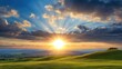 Breathtaking sunset over rolling green hills, radiant sunbeams piercing clouds. Ideal for nature-themed content, wall art, digital backgrounds