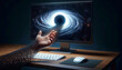 Computer monitor showing a rotating black hole in space. In the foreground, a man's hand is extended toward the screen as digital particles are torn from his fingertips and sucked into a black hole.