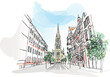 Mariacka street and Church of Immaculate Conception of Blessed Virgin Mary in Katowice. Poland, vector illustration
