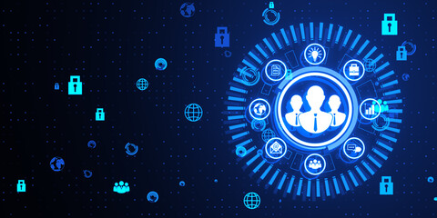 Canvas Print - Creative business hologram with people icons on blue background with various icons. HR, human resources and online recruiting concept. 3D Rendering.