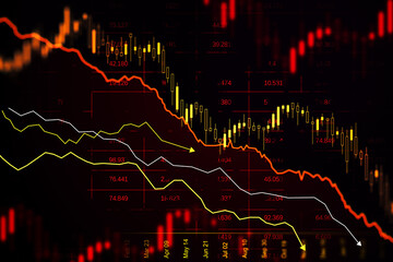 Wall Mural - Abstract downward red forex chart on blurry dark backdrop. Crisis, recession and economic fall concept. 3D Rendering.