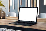 Fototapeta Mapy - Modern laptop with isolated screen on a wooden table, contemporary conference room setting. 3D Rendering