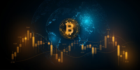 Poster - Cryptocurrency stock market with Bitcoin price chart. Investment trading graph with holographic earth globe. Business background for presentation. Vector illustration. EPS 10.