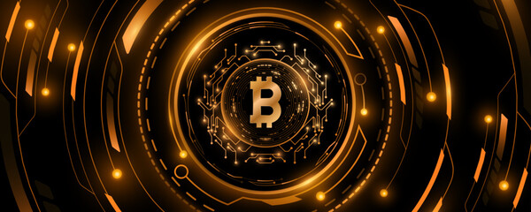 Poster - Futuristic cryptocurrency Bitcoin against the background of a hi-tech board with HUD circles. Digital coin for banner, website or presentation. Vector illustration. EPS 10.