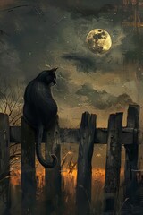 Sticker - On a full moon night, a black cat sits on a wooden fence,