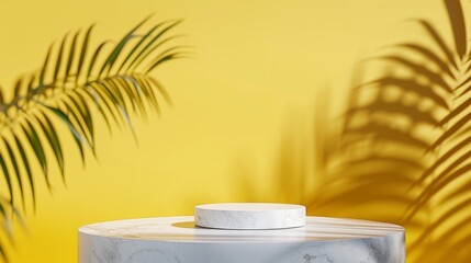 Wall Mural - Product presentation with a shadow of tropical palm leaves. Marble podium, stage pedestal platform for displaying cosmetic product, Mockup yellow wall abstract background Spring and summer