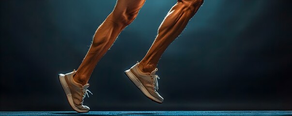 Side view of joggers legs with pulsating veins on black background . Concept Fitness, Running, Leg veins, Athletic, Black background