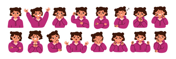Poster - Kid emotions, facial expressions set. Childs face in different mood. Happy, upset, sad, surprised, joyful, bored and angry girl character. Flat vector illustrations isolated on white background