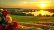 Sunset Over Lake with Bouquet of Roses on a Hay Bale
