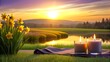 Idyllic Sunset with Daffodils and Candles by the Lakeside. Sunset Ambience with Lilies and Candles by the Lake. Romantic candlelight dinner by the lake. Lavender candles