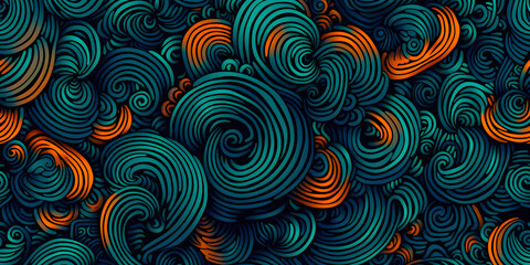 A colorful abstract painting of waves with a blue and orange floral swirl. The painting is full of energy and movement