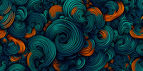 a colorful abstract painting of waves with a blue and orange floral swirl. the painting is full of e