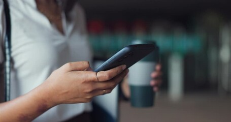 Canvas Print - Travel, phone and hands of business woman in city with coffee on commute for work, career and job. Online, professional and person with drink on smartphone for social media, networking and chat