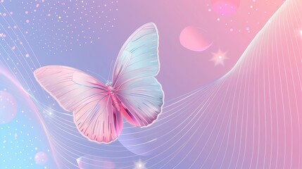 Poster - Retro futuristic 2000s style poster template with abstract simple shape and tribal butterfly ornament on pastel pink and blue aura gradient background.