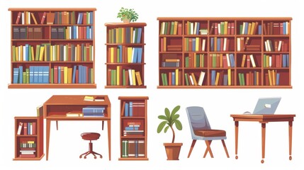 Wall Mural - Public library or bookshop interior furniture cartoon modern set. Wooden cabinet with rows of paper books on shelves, desk with stack of literature, chairs, and plant in pot. Information storage.