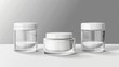 Mockup of a cream glass jar and white cap. Detailed modern illustration set of a transparent, translucent and matte plastic cosmetic jar. Clear makeup or face cream package with shiny lid.