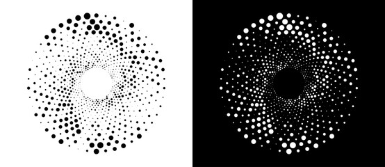 Aufkleber - Modern abstract background. Halftone dots in circle form. Spiral logo, icon or design element. Black dots on a white background and white dots on the black side.