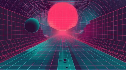 Poster - an abstract graphic design template inspired by y2k aesthetics with a 3d tunnel shape abstract grid,