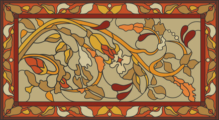 Canvas Print - Stained-glass panel in a rectangular frame. Classic window, abstract floral arrangement of buds and leaves in the art Nouveau style. Vector