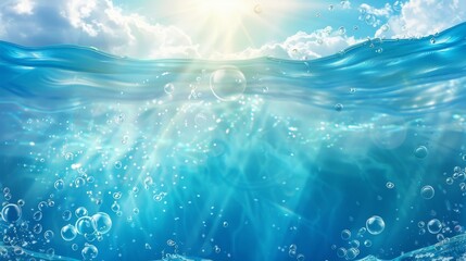Sticker - A modern realistic illustration of underwater background, sunlight rays penetrating ocean, river, lake water, air bubbles in aqua, and transparent clear waves on a waterline.