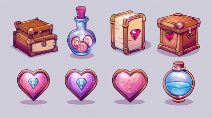 Wall Mural - UI design assets - closed book with lock, wooden chest with coin and diamond decoration and glass bottle with magic potion decorated with love.