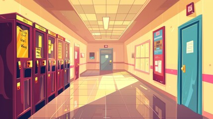 Wall Mural - This cartoon illustration shows a school hallway with doors to classrooms, lockers, and vending machines, as well as a noticeboard with a bulletin and a bell.