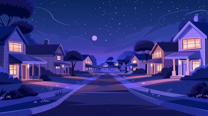 Canvas Print - Cartoon modern town scene with modern neighborhood cottages under dark skies and houses in row on street with lights in the windows, trees and yards.