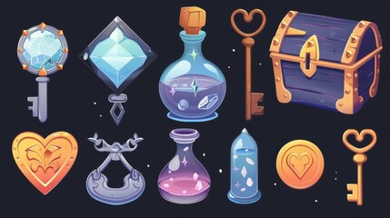 Wall Mural - Set of magic game assets isolated on black background. Modern cartoon illustration of a treasure chest, a key, a spell book, a toxic potion, a gemstone-encrusted coin, a heart-shaped lock, and an UI