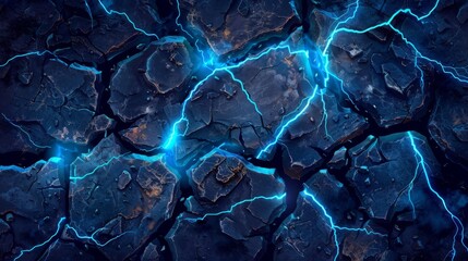 Wall Mural - an illustration of a cracked ground surface or floor with a blue flare glowing on it. a realistic mo
