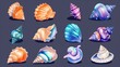This is a collection of sea or ocean shell game UI icons. These are cartoon modern illustrations of colorful marine underwater creatures with conch, aquarium snails with horned clams, scalloped
