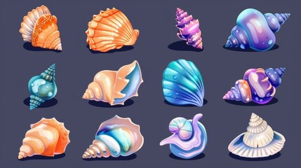 Wall Mural - This is a collection of sea or ocean shell game UI icons. These are cartoon modern illustrations of colorful marine underwater creatures with conch, aquarium snails with horned clams, scalloped