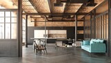 Fototapeta Przestrzenne - A modern loft living room with a couch, a kitchen