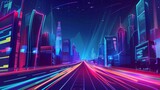 Fototapeta Miasto - Modern cartoon illustration of a night city highway with traffic speed effect. It features neon windows, modern skyscrapers, street lights along the road, fast transport motion trails, and a starry