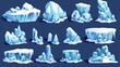 The ice floes are isolated on a dark background. Modern illustration of abstract shapes frozen icebergs for design in the winter landscape, north pole games, arctic islands, and arctic habitats.